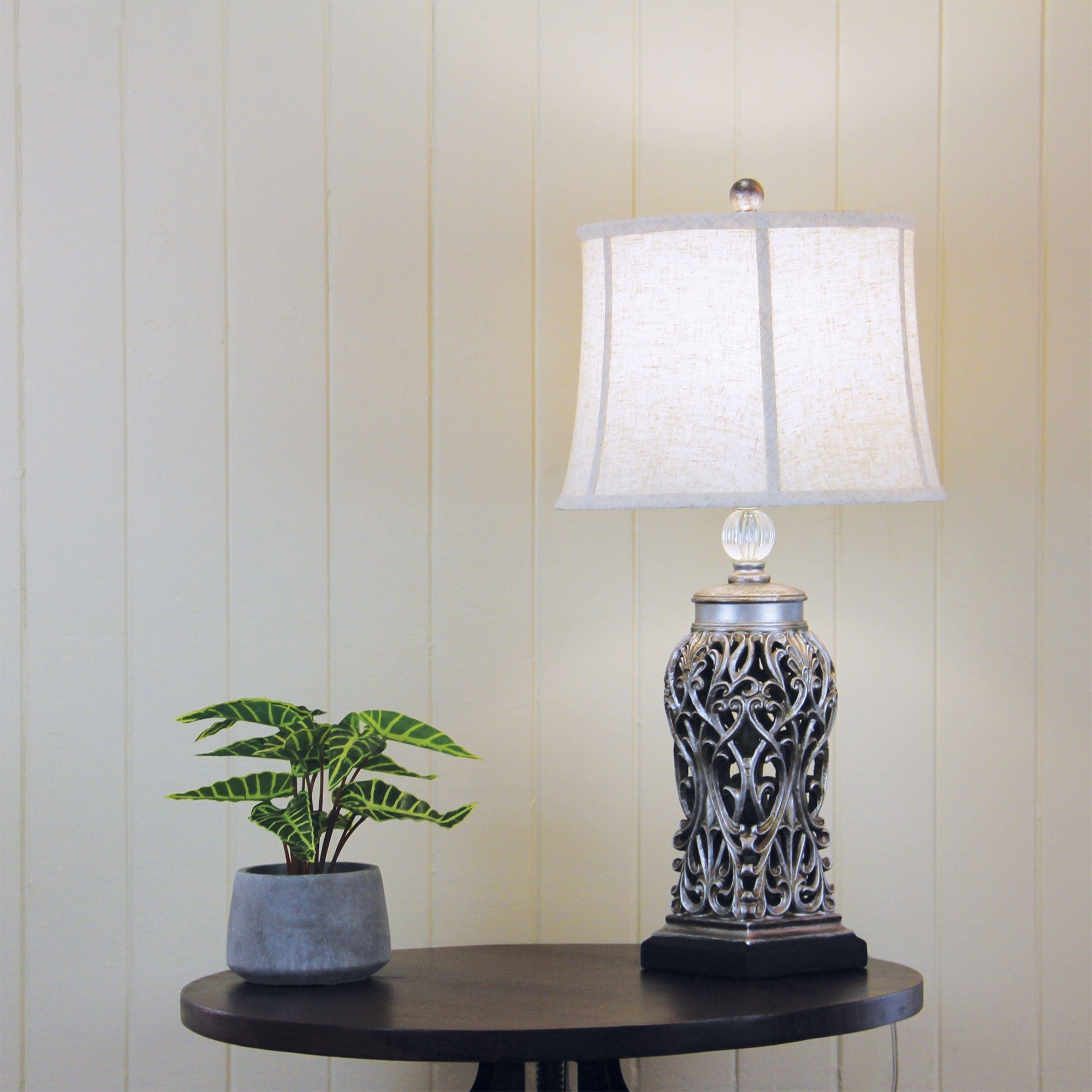 Dorne Antique Silver Cut Complete Lamp With Harp